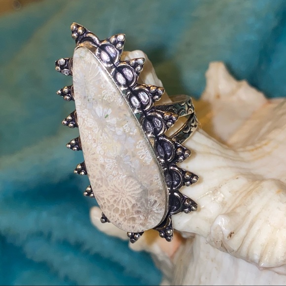 Indonesian sea fossil Handcrafted exotic cut ring